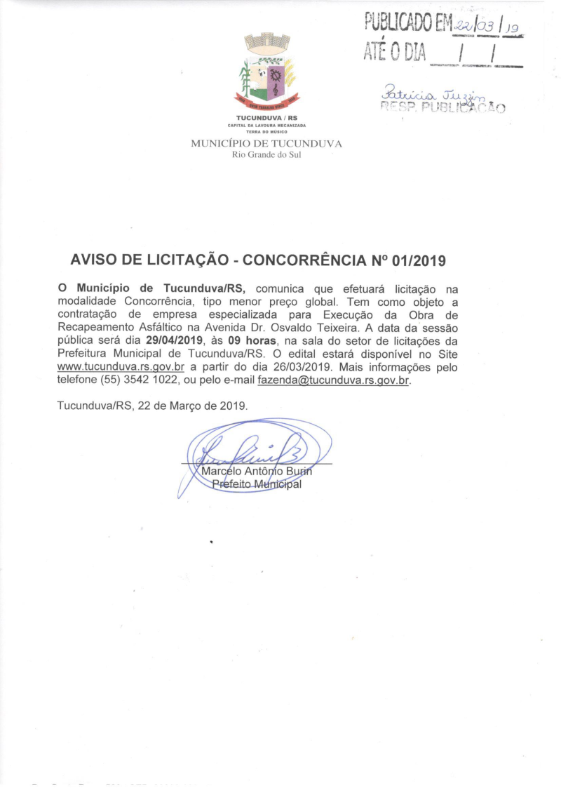 AVISO DE CONCORRÊNCIA Nº 01/2019 - CONTRATAÇÃO DE EMPRESA PARA EXECUÇÃO DE OBRA DE RECAPEAMENTO ASFÁLTICO